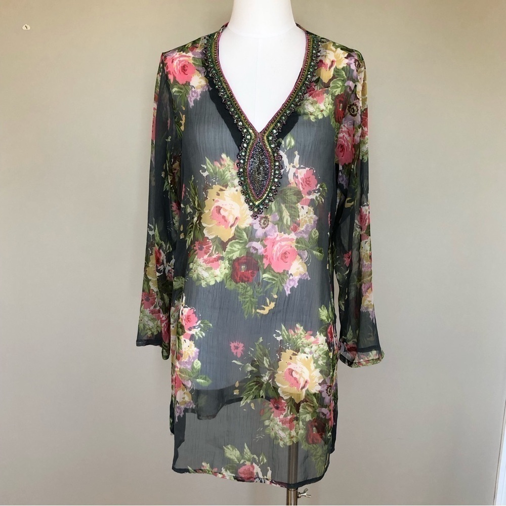 SHEER silk green floral print tunic with hand beaded embellishments cover-up